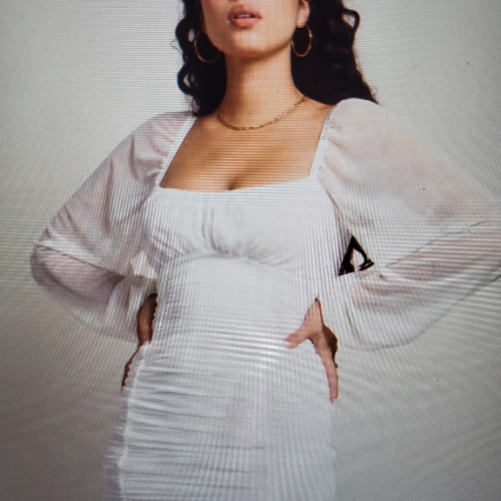 H&M Cream Bodycon Long Sleeve Dress with Ruched Detail